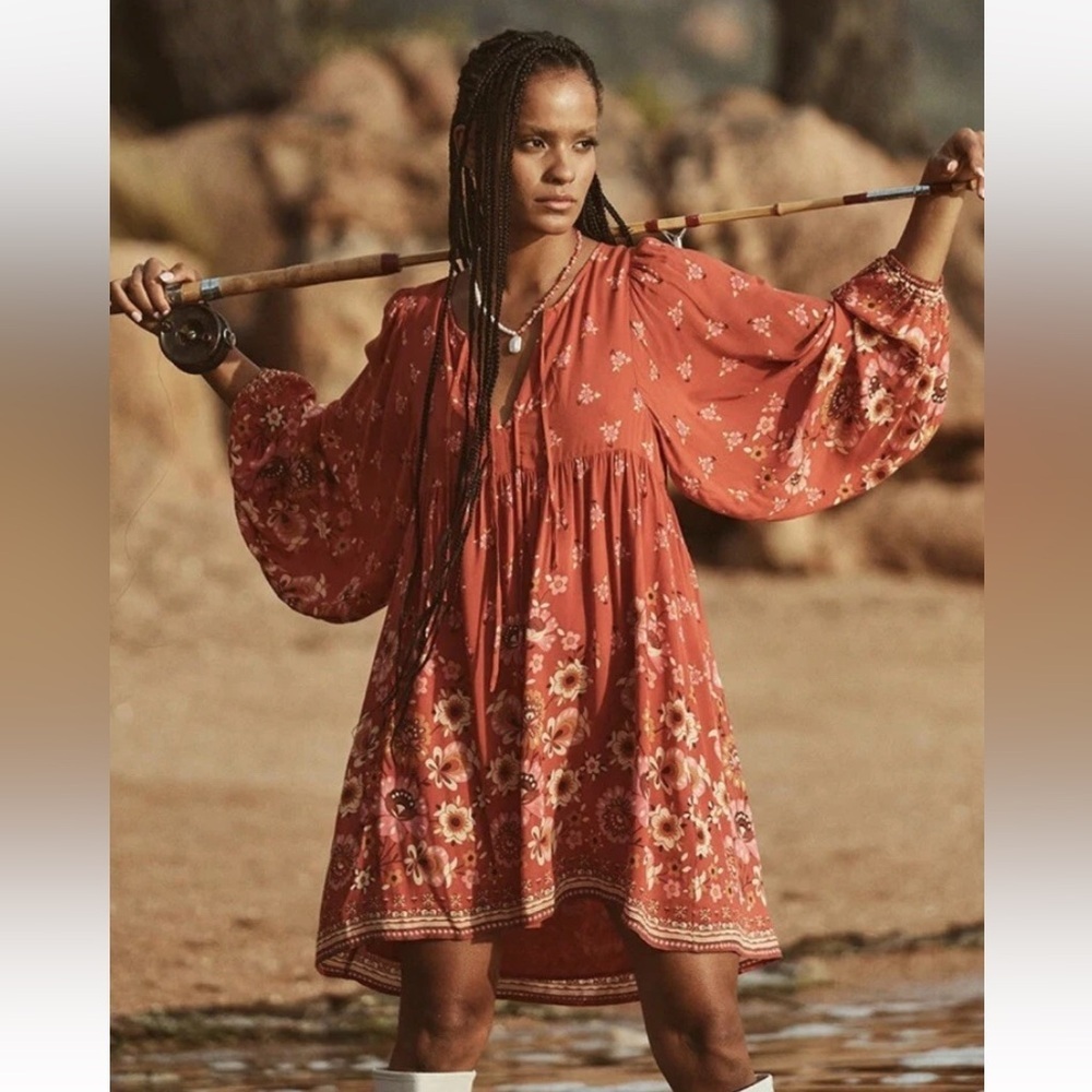 Spell & The Gypsy Joni Campfire Orange Floral Hippie Boho Dress Size XS